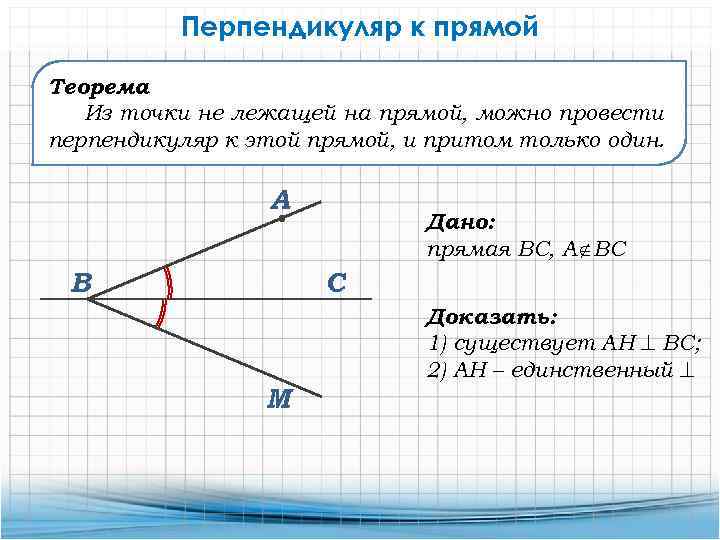 Перпендикуляр к прямой Теорема Из точки не лежащей на прямой, можно провести перпендикуляр к