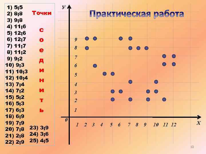 1) 5; 5 2) 8; 8 3) 9; 8 4) 11; 6 5) 12;