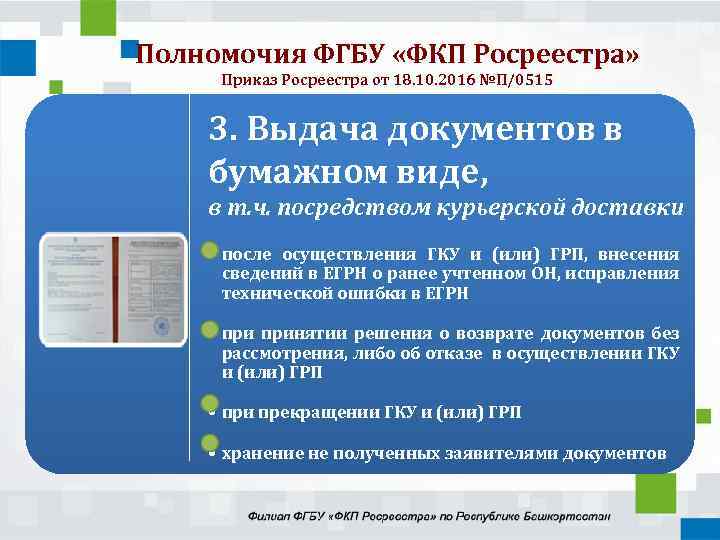 Полномочия ФГБУ «ФКП Росреестра» Приказ Росреестра от 18. 10. 2016 №П/0515 3. Выдача документов