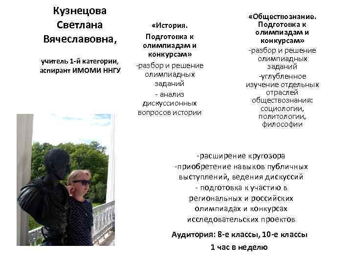 Кузнецова Светлана Вячеславовна, учитель 1 -й категории, аспирант ИМОМИ ННГУ «История. Подготовка к олимпиадам