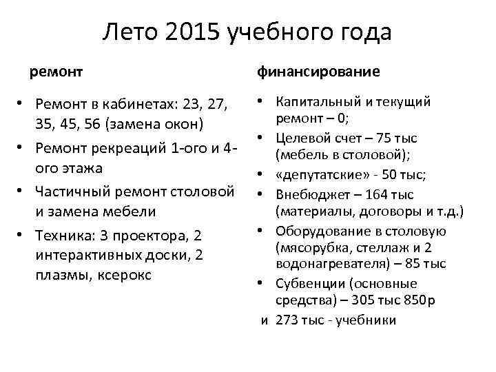 Лето 2015 учебного года ремонт • Ремонт в кабинетах: 23, 27, 35, 45, 56