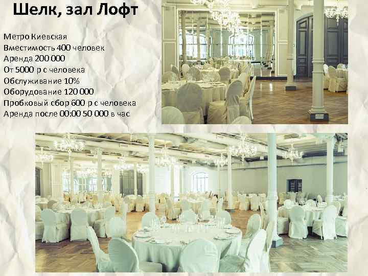 Шелк, зал Лофт Метро Киевская Вместимость 400 человек Аренда 200 000 От 5000 р