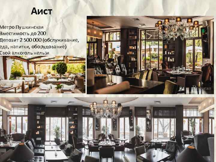 Аист Метро Пушкинская Вместимость до 200 Депозит 2 500 000 (обслуживание, еда, напитки, оборудование)