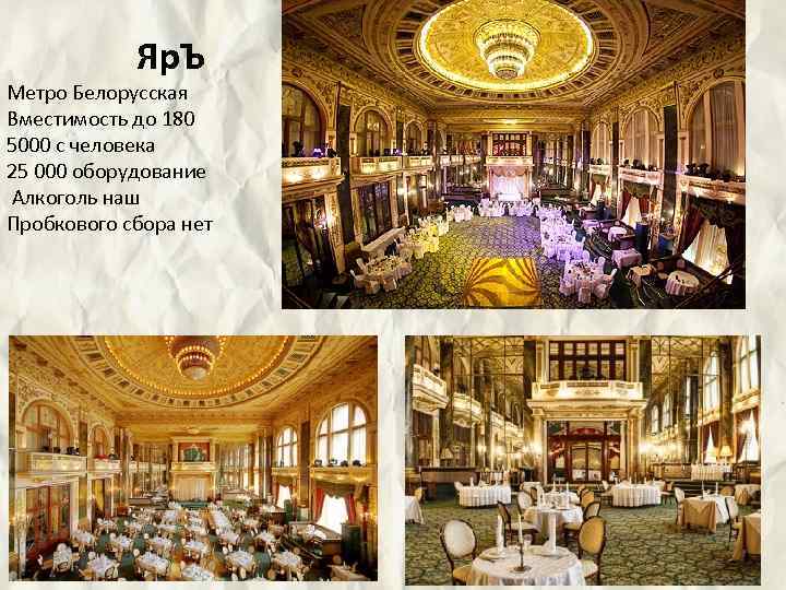 Яр. Ъ Метро Белорусская Вместимость до 180 5000 с человека 25 000 оборудование Алкоголь