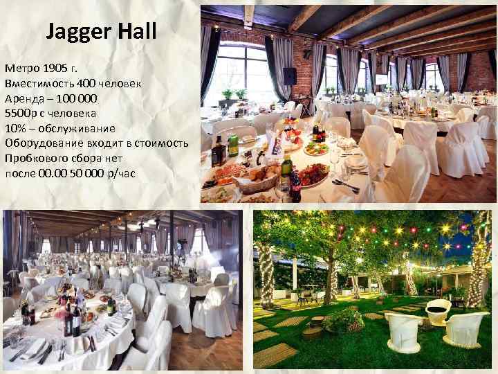 Jagger Hall Метро 1905 г. Вместимость 400 человек Аренда – 100 000 5500 р