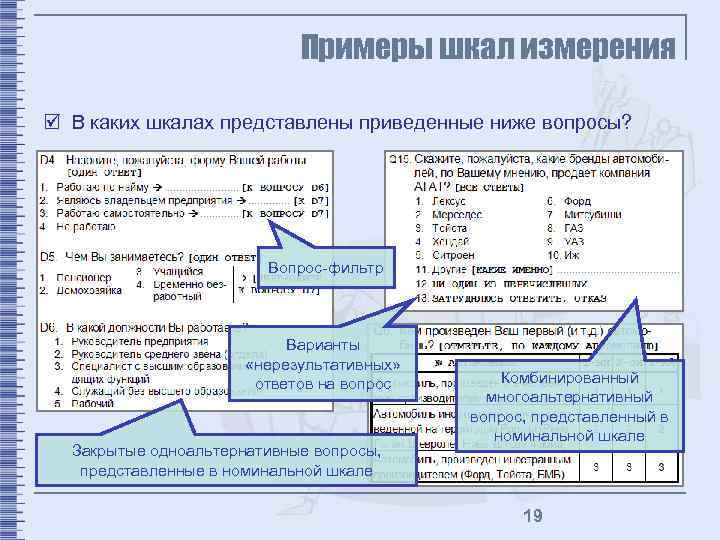 Примеры шкал измерения þ В каких шкалах представлены приведенные ниже вопросы? Вопрос-фильтр Варианты «нерезультативных»