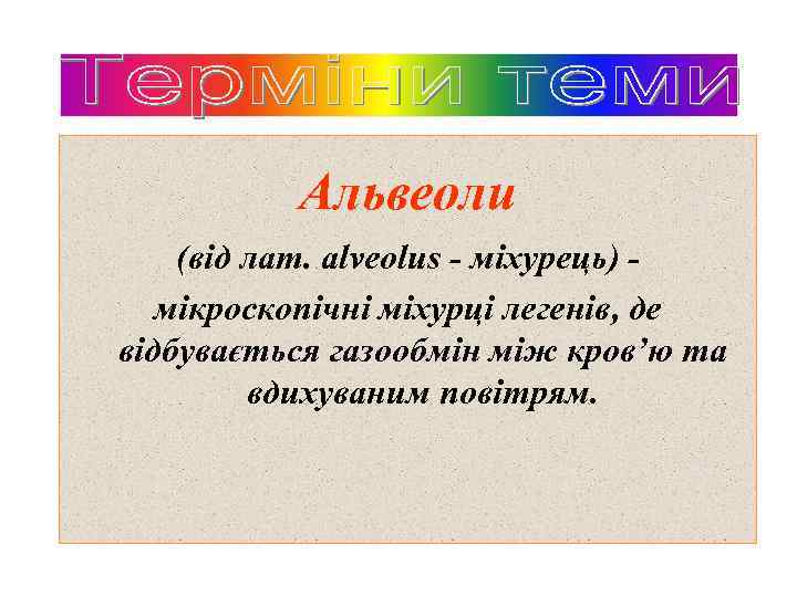 Альвеоли (від лат. alveolus - міхурець) мікроскопічні міхурці легенів, де відбувається газообмін між кров’ю