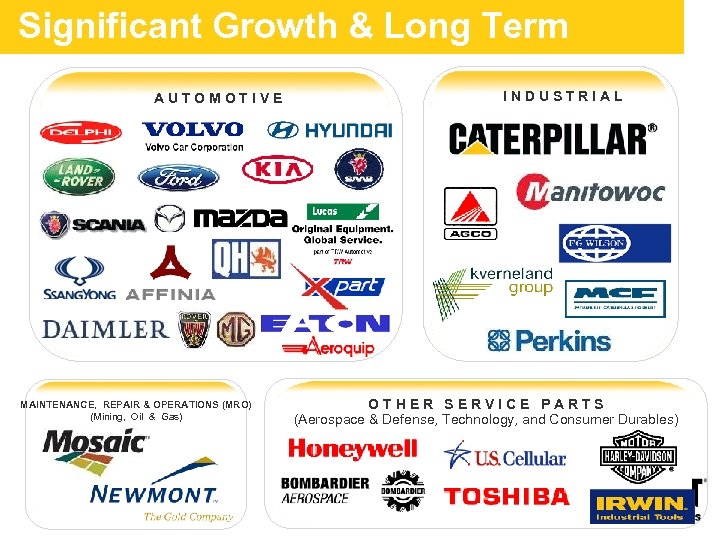 Significant Growth & Long Term Relationships INDUSTRIAL AUTOMOTIVE MAINTENANCE, REPAIR & OPERATIONS (MRO) (Mining,