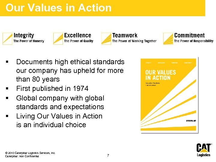 Our Values in Action § § Documents high ethical standards our company has upheld