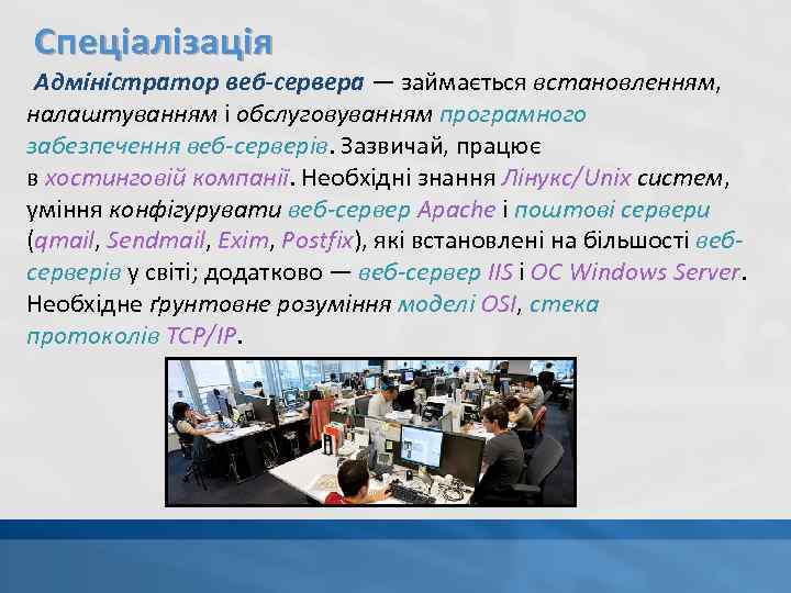 Спеціалізація Адміністратор веб-сервера — займається встановленням, налаштуванням і обслуговуванням програмного забезпечення веб-серверів. Зазвичай, працює