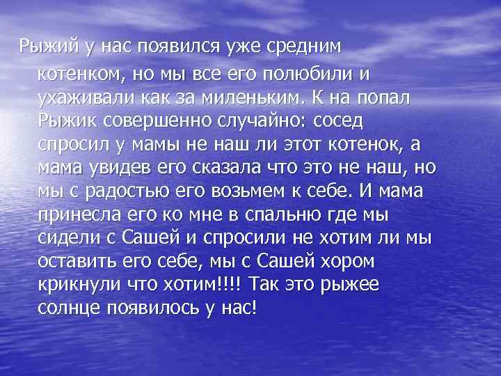 Рыжий у нас появился уже средним котенком, но мы все его полюбили и ухаживали