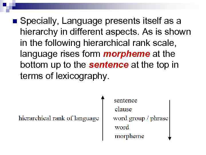 n Specially, Language presents itself as a hierarchy in different aspects. As is shown