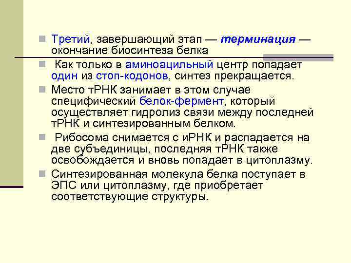 n Третий, завершающий этап — терминация — n n окончание биосинтеза белка Как только