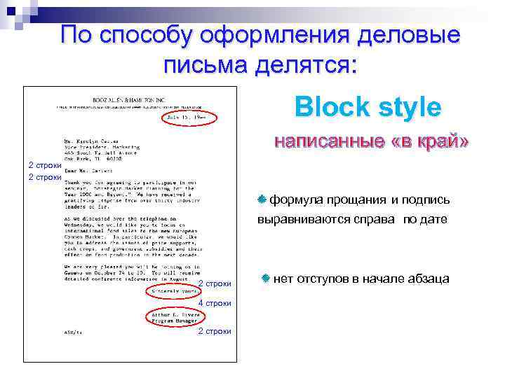 По способу оформления деловые письма делятся: Block style написанные «в край» 2 строки формула