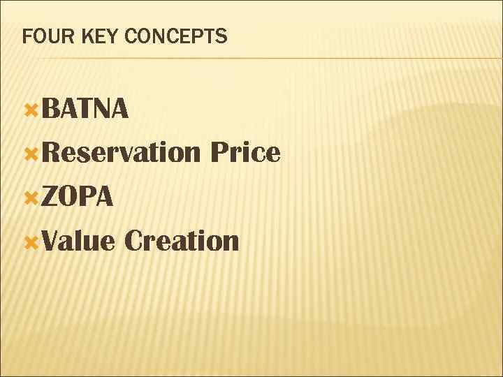 FOUR KEY CONCEPTS BATNA Reservation Price ZOPA Value Creation 