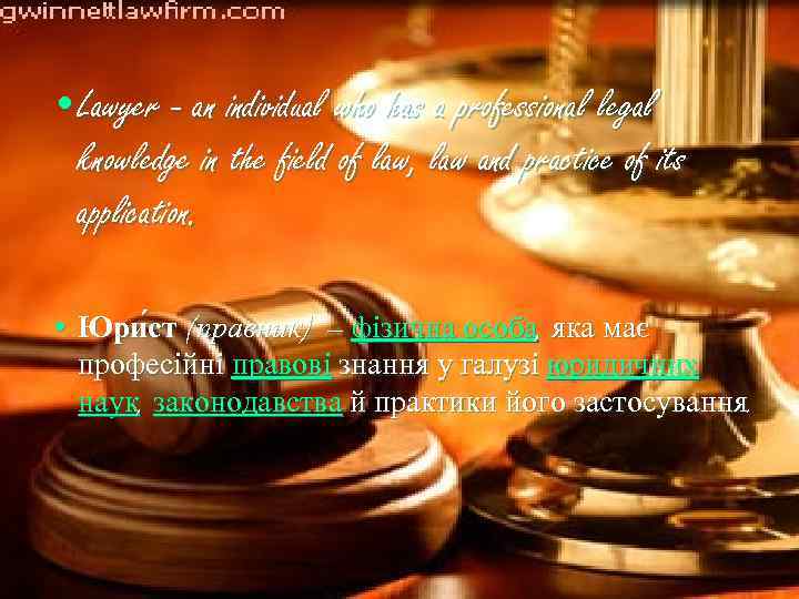  • Lawyer - an individual who has a professional legal knowledge in the