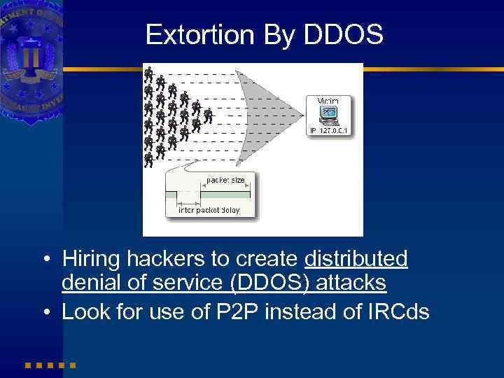 Extortion By DDOS • Hiring hackers to create distributed denial of service (DDOS) attacks