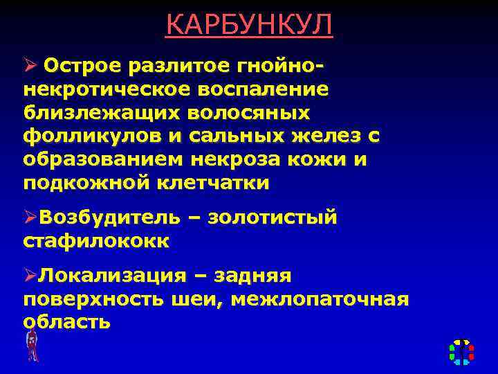 КАРБУНКУЛ Ø Острое разлитое гнойнонекротическое воспаление близлежащих волосяных фолликулов и сальных желез с образованием