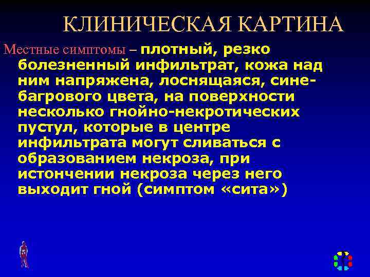 КЛИНИЧЕСКАЯ КАРТИНА Местные симптомы – плотный, резко болезненный инфильтрат, кожа над ним напряжена, лоснящаяся,