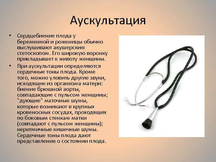 Аускультация • Сердцебиение плода у беременной и роженицы обычно выслушивают акушерским стетоскопом. Его широкую