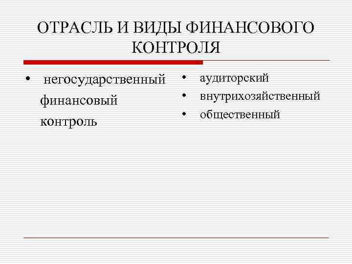 ОТРАСЛЬ И ВИДЫ ФИНАНСОВОГО КОНТРОЛЯ • негосударственный финансовый контроль • • • аудиторский внутрихозяйственный