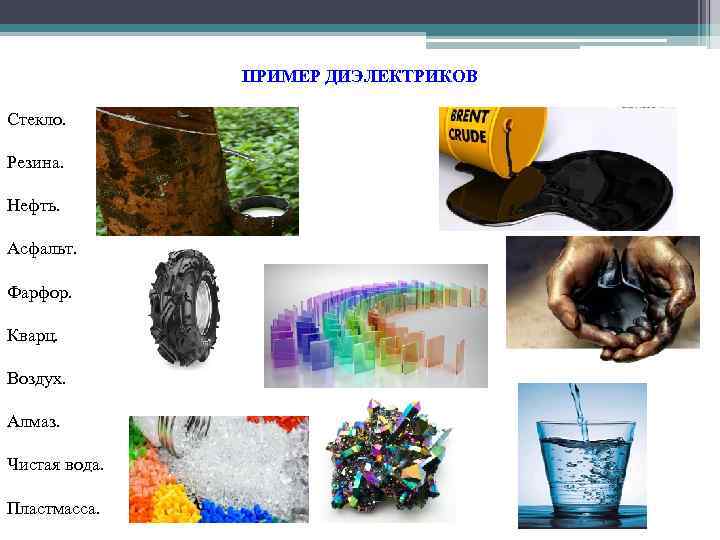 ПРИМЕР ДИЭЛЕКТРИКОВ Стекло. Резина. Нефть. Асфальт. Фарфор. Кварц. Воздух. Алмаз. Чистая вода. Пластмасса. 