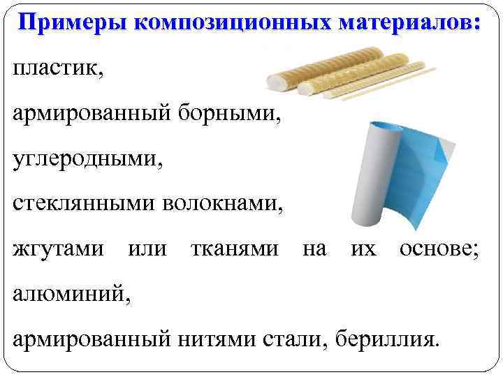 Примеры композиционных материалов: пластик, армированный борными, углеродными, стеклянными волокнами, жгутами или тканями на их