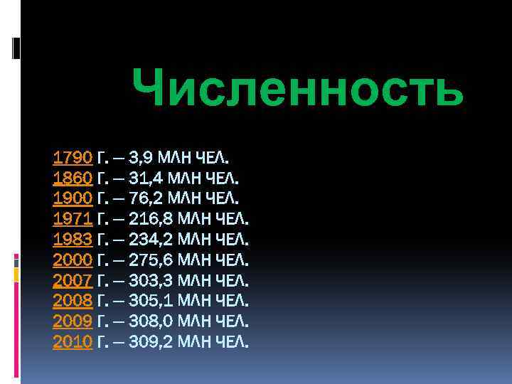 Численность 1790 Г. — 3, 9 МЛН ЧЕЛ. 1860 Г. — 31, 4 МЛН