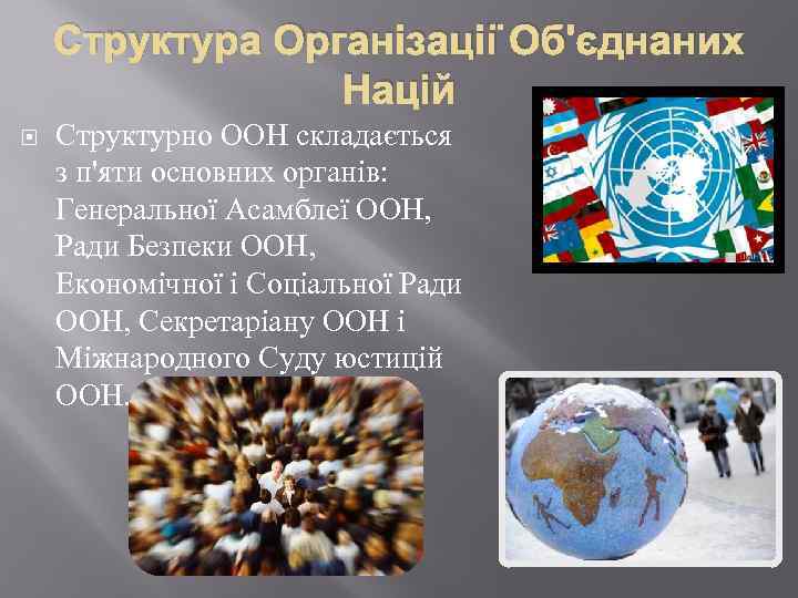 Структура Організації Об'єднаних Націй Структурно ООН складається з п'яти основних органів: Генеральної Асамблеї ООН,