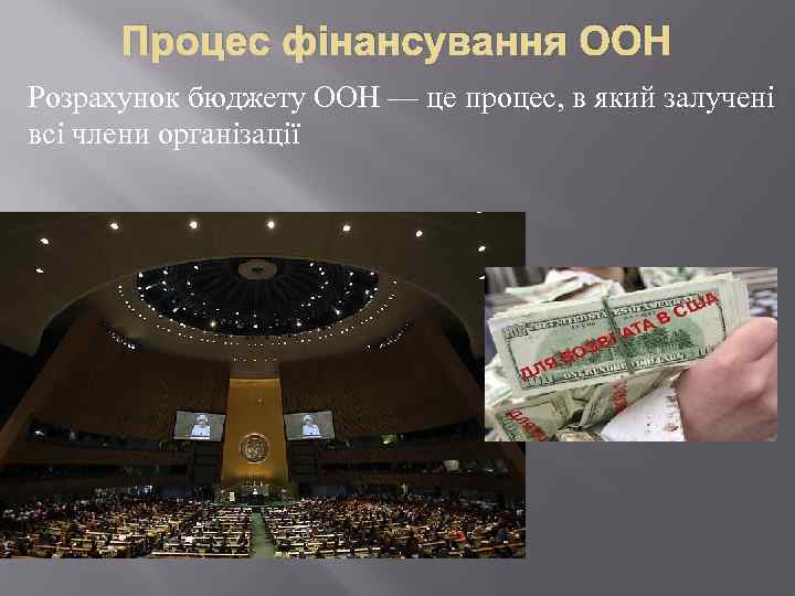 Процес фінансування ООН Розрахунок бюджету ООН — це процес, в який залучені всі члени