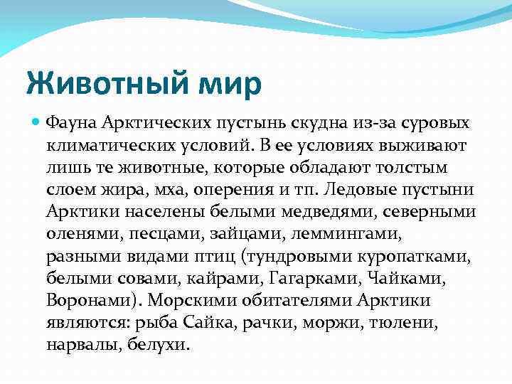 Животный мир Фауна Арктических пустынь скудна из-за суровых климатических условий. В ее условиях выживают