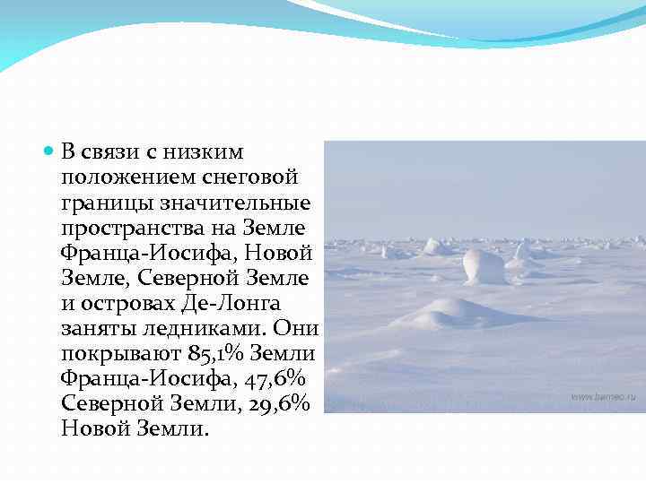  В связи с низким положением снеговой границы значительные пространства на Земле Франца-Иосифа, Новой