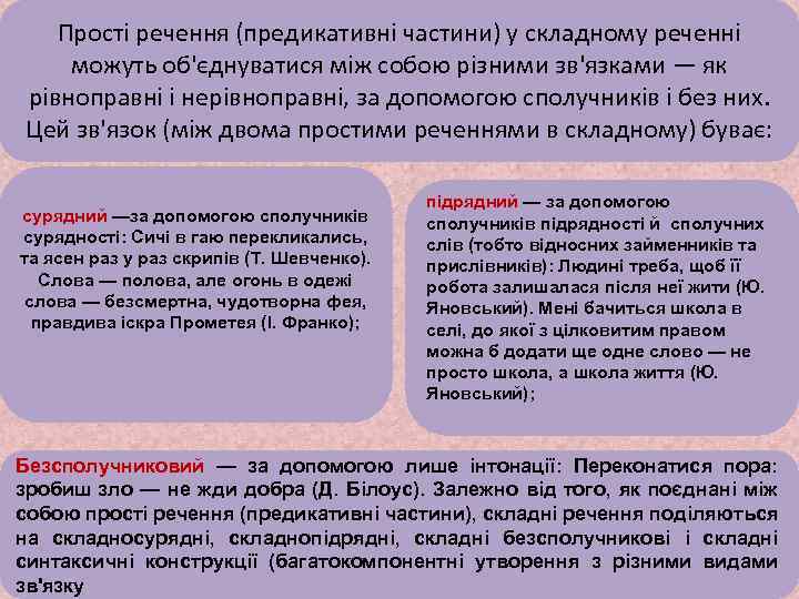 Прості речення (предикативні частини) у складному реченні можуть об'єднуватися між собою різними зв'язками —