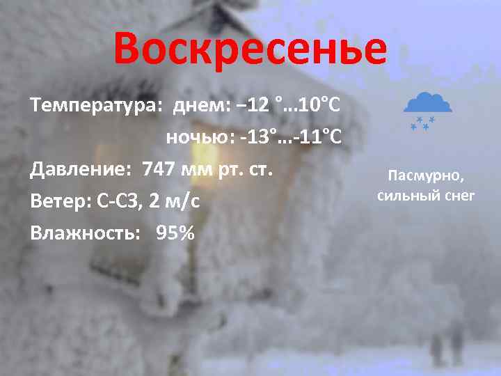 Воскресенье Температура: днем: − 12 °… 10°C ночью: -13°…-11°C Давление: 747 мм рт. ст.