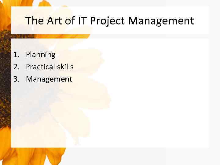 The Art of IT Project Management 1. Planning 2. Practical skills 3. Management 
