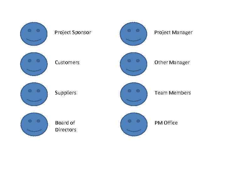 Project Sponsor Project Manager Customers Other Manager Suppliers Team Members Board of Directors PM