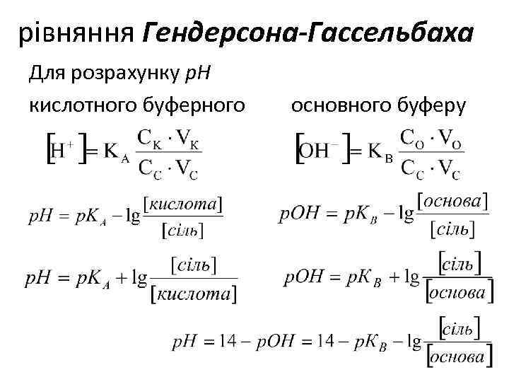 рівняння Гендерсона-Гассельбаха Для розрахунку p. Н кислотного буферного основного буферу 