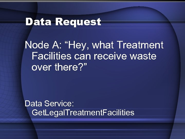 Data Request Node A: “Hey, what Treatment Facilities can receive waste over there? ”