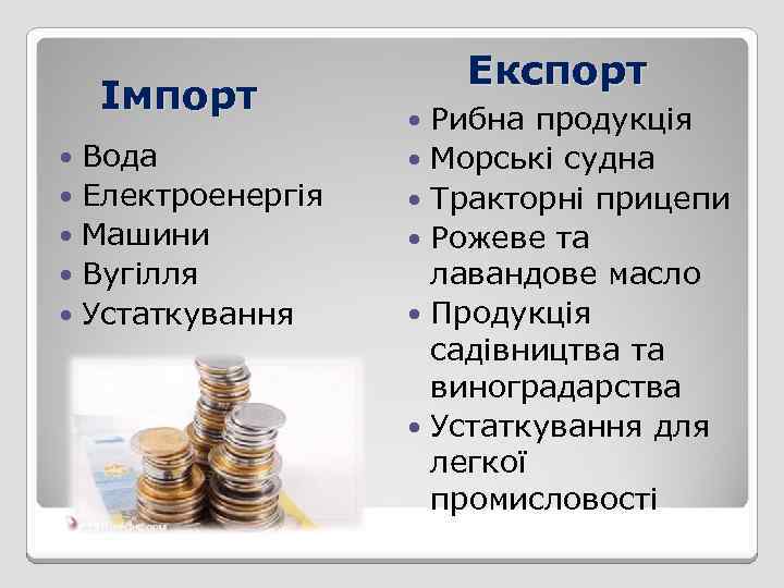 Імпорт Вода Електроенергія Машини Вугілля Устаткування Експорт Рибна продукція Морські судна Тракторні прицепи Рожеве