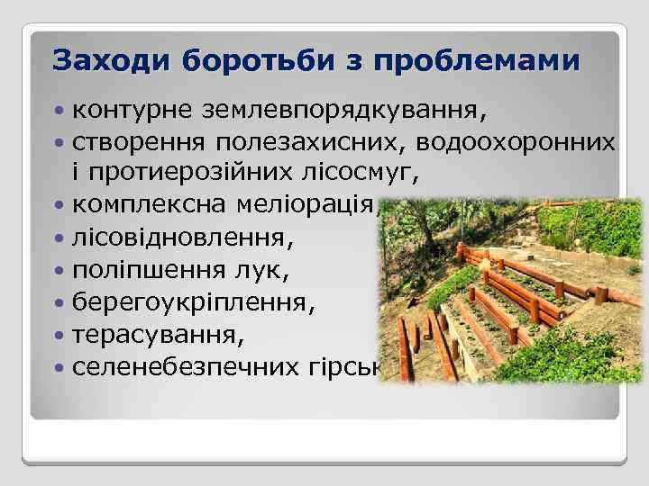 Заходи боротьби з проблемами контурне землевпорядкування, створення полезахисних, водоохоронних і протиерозійних лісосмуг, комплексна меліорація,