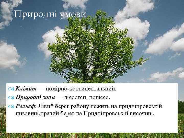 Природні умови ПРП Клімат — помірно-континентальний. Природні зони — лісостеп, полісся. Рельєф: Лівий берег