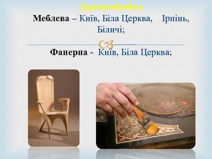 Деревообробна Меблева – Київ, Біла Церква, Ірпінь, Біличі; Фанерна - Київ, Біла Церква; 