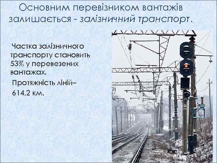 Основним перевізником вантажів залишається - залізничний транспорт. Частка залізничного транспорту становить 53% у перевезених