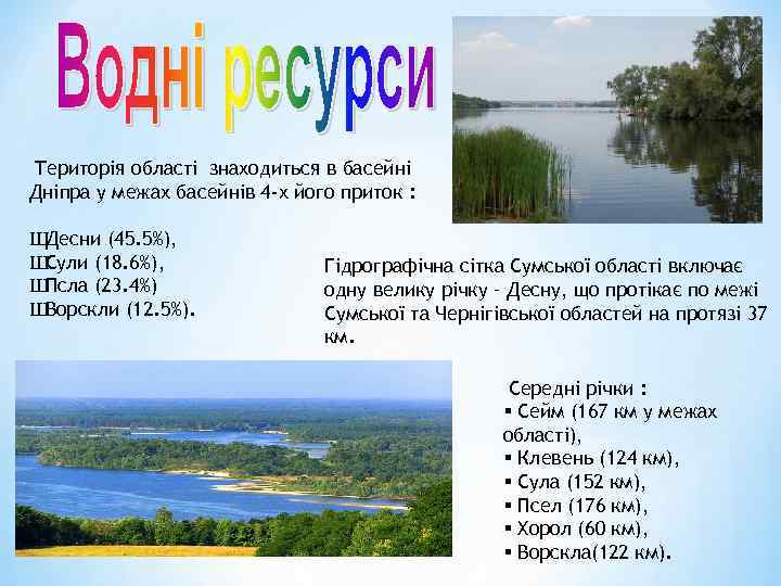 Територія області знаходиться в басейні Дніпра у межах басейнів 4 -х його приток :