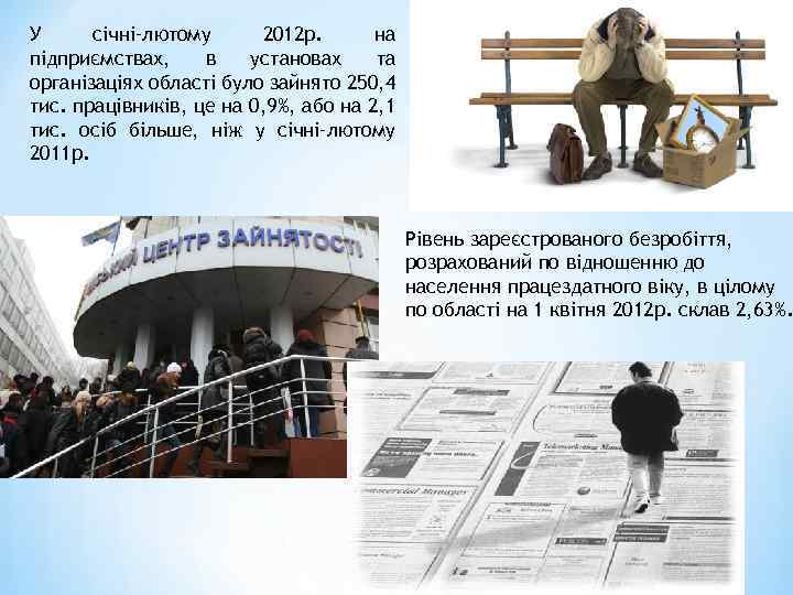 У січні–лютому 2012 р. на підприємствах, в установах та організаціях області було зайнято 250,