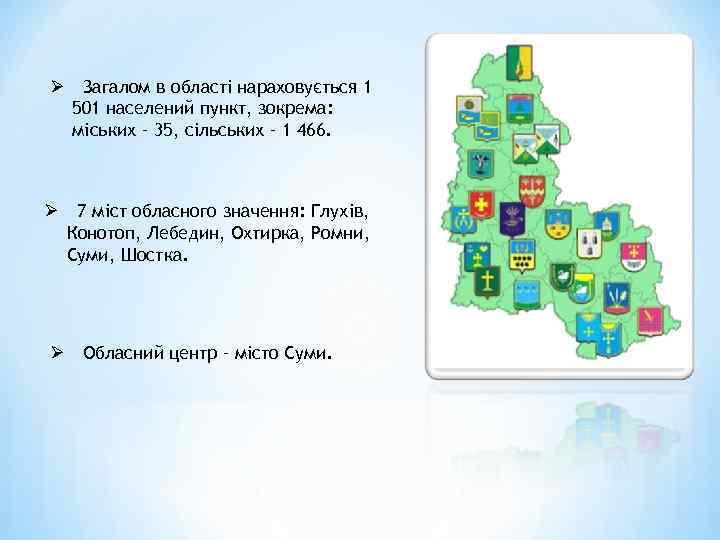 Ø Ø Ø Загалом в області нараховується 1 501 населений пункт, зокрема: міських –