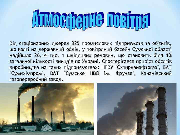 Від стаціонарних джерел 325 промислових підприємств та об'єктів, що взяті на державний облік, у