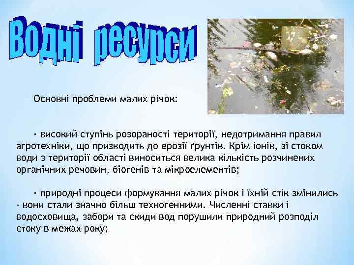 Основні проблеми малих річок: · високий ступінь розораності території, недотримання правил агротехніки, що призводить