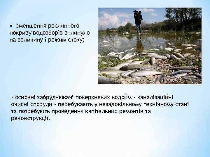  • зменшення рослинного покриву водозборів вплинуло на величину і режим стоку; · основні