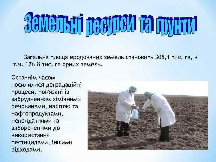 Загальна площа еродованих земель становить 305, 1 тис. га, в т. ч. 176, 8